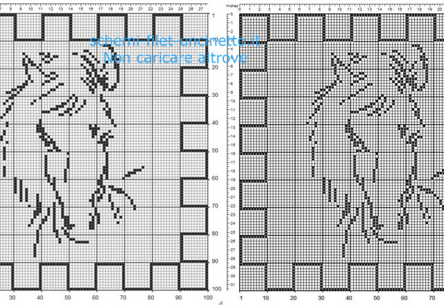 Schema gratis centrino quadrato filet uncinetto con un cavallo 100 quadretti