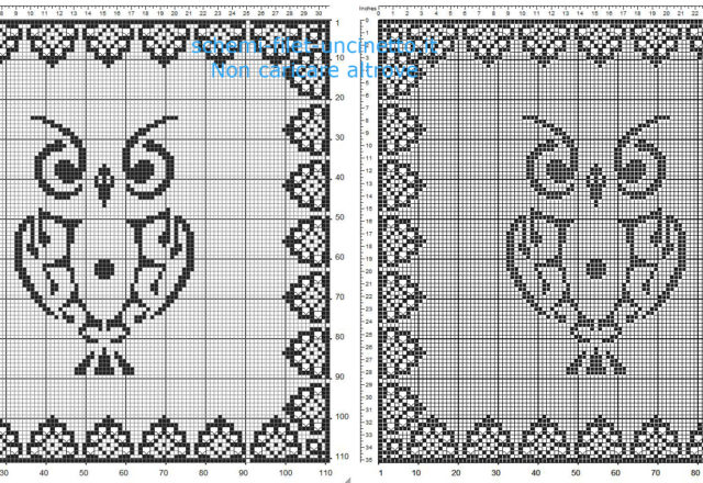 Schema gratuito centrino filet uncinetto quadrato in 100 quadretti con un gufo e cornice ricercata