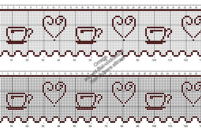 Schema uncinetto filet gratis bordo con tazzine di caffè e cuori altezza 30 quadretti