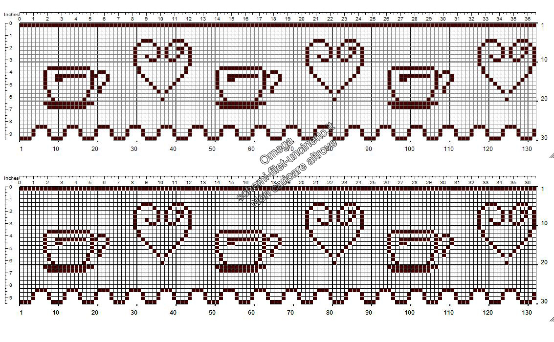 Schema uncinetto filet gratis bordo con tazzine di caffè e cuori altezza 30 quadretti