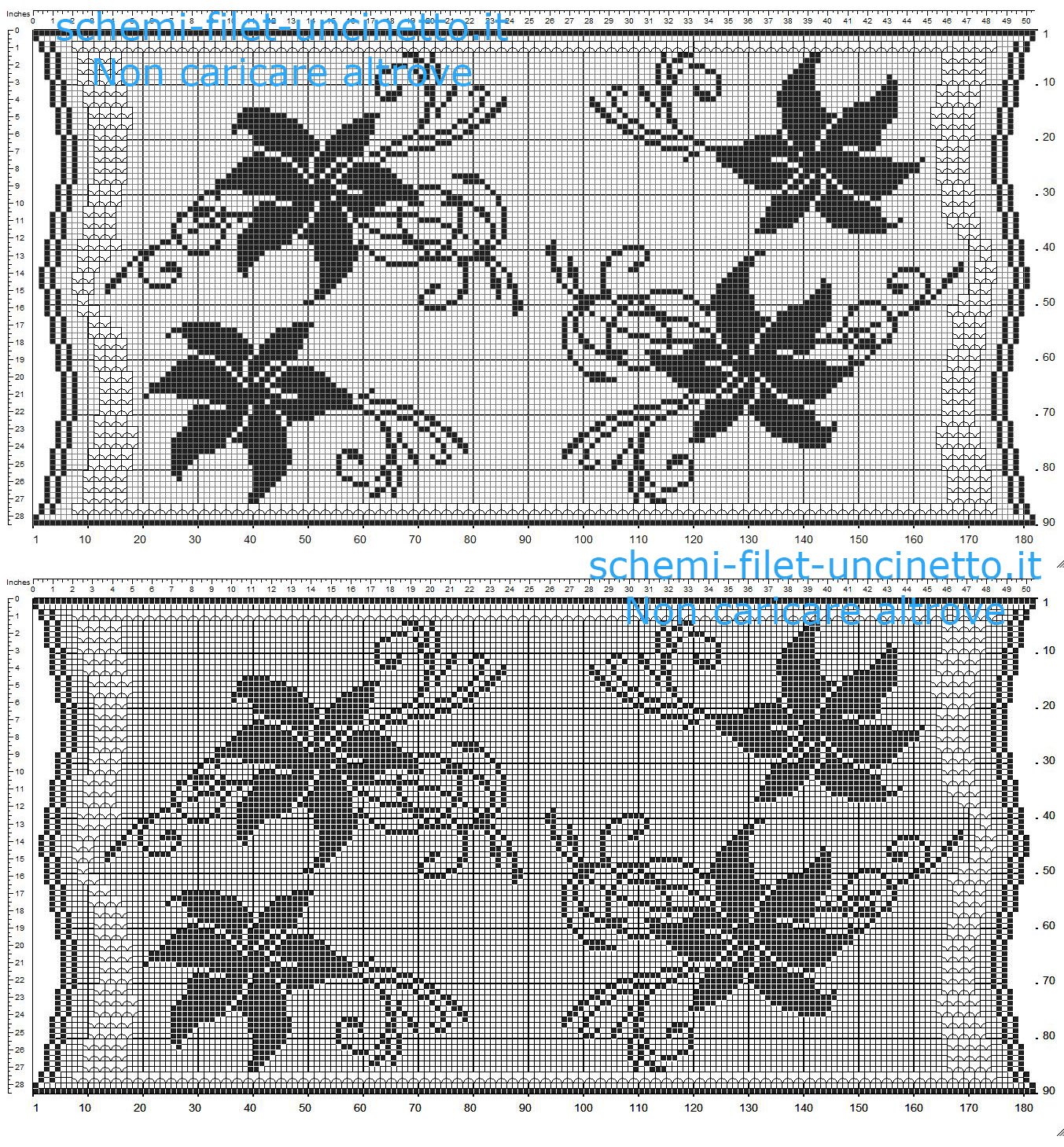 Striscia filet uncinetto gratis con fiori gigli e ponticelli schema da scaricare gratis 180 x 90 quadretti